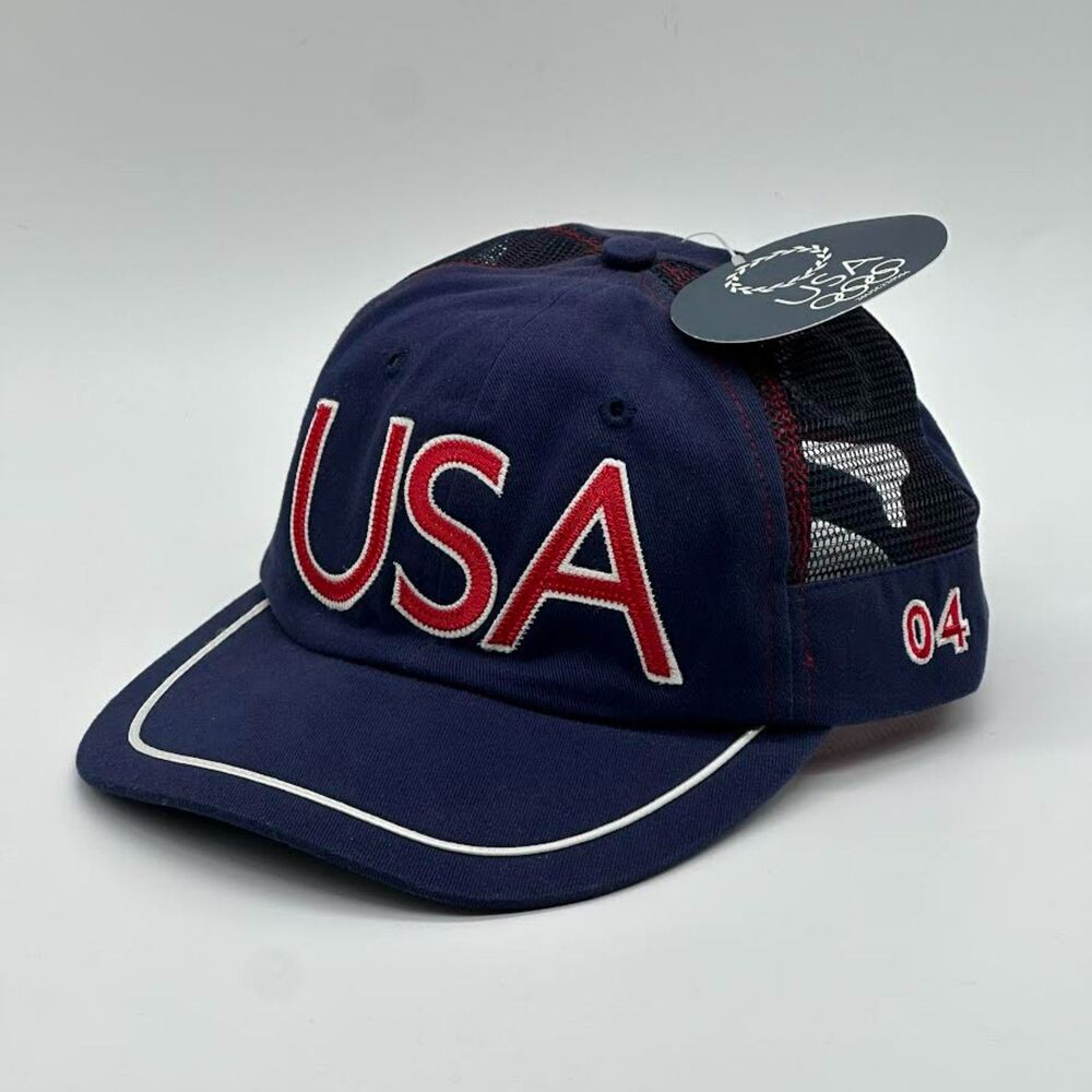 NWT Olympics Hat Team USA Roots 2004 Navy Blue Embroidered Slide Strap Cap Vtg
